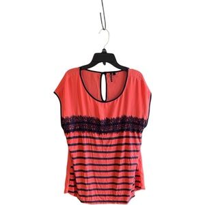 Heart Soul Navy/Coral lace design polyester striped sleeveless blouse Sz L